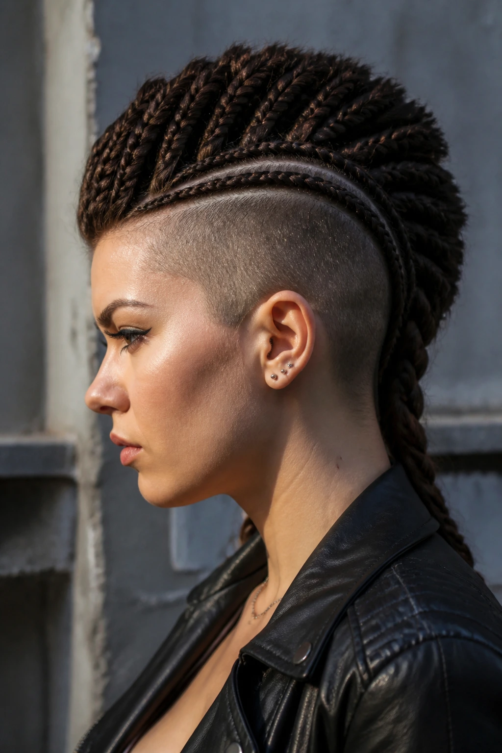 Close-up of a real woman's head with a high braided mohawk and shaved sides
