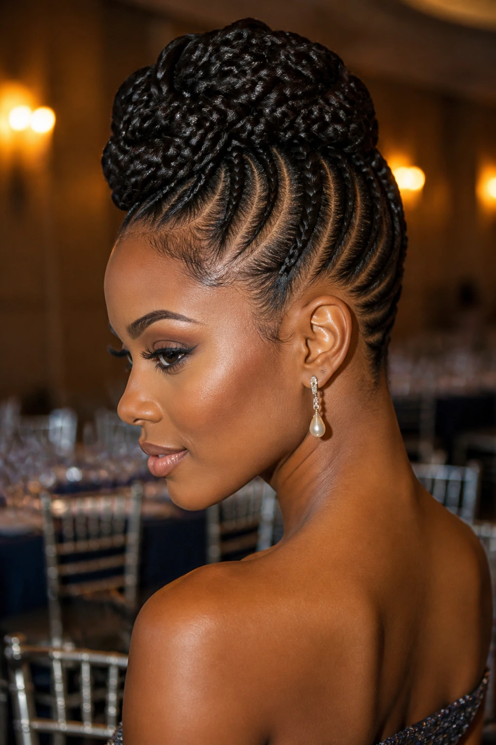 Close-up portrait of a woman with braided mohawk updo in formal setting