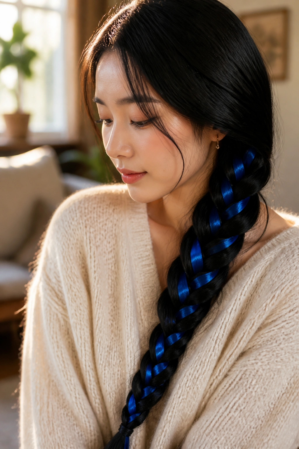 Real woman with long black hair in a fishtail braid with blue ribbon accents