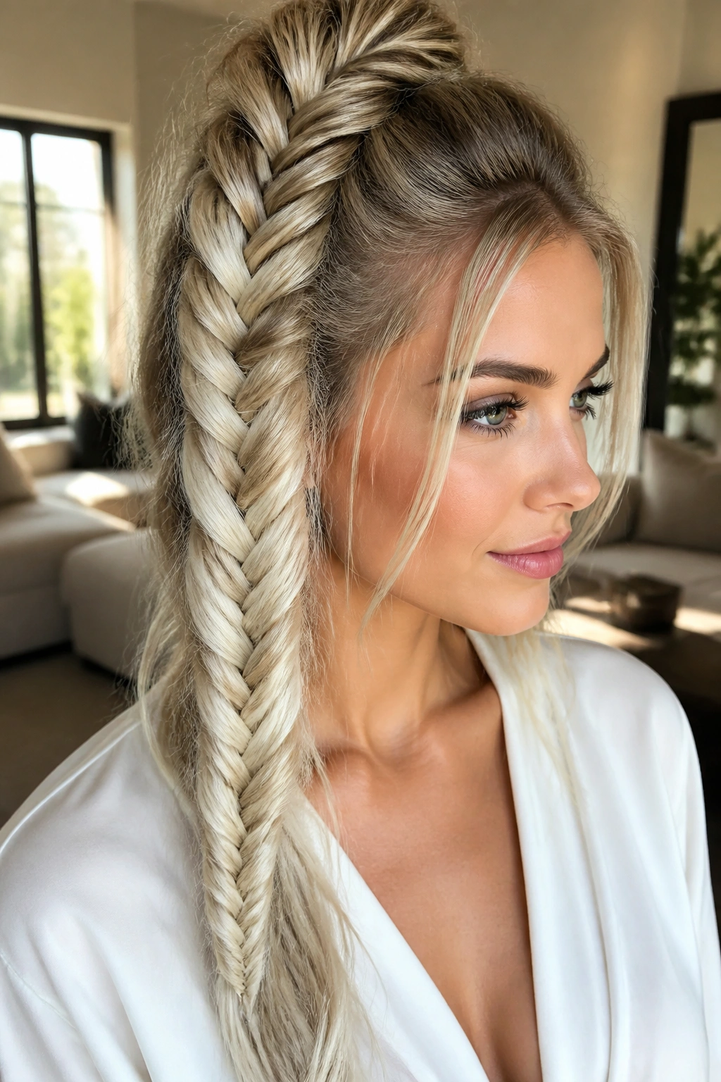 Close-up of a real woman with a narrow fishtail braid in platinum ombre