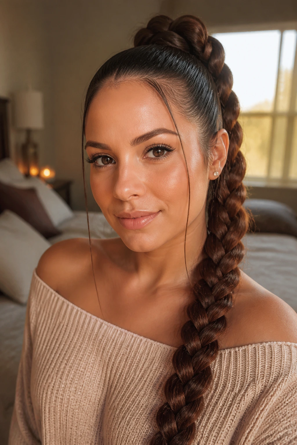 Close-up portrait of a real woman with a high braided ponytail starting at the crown.