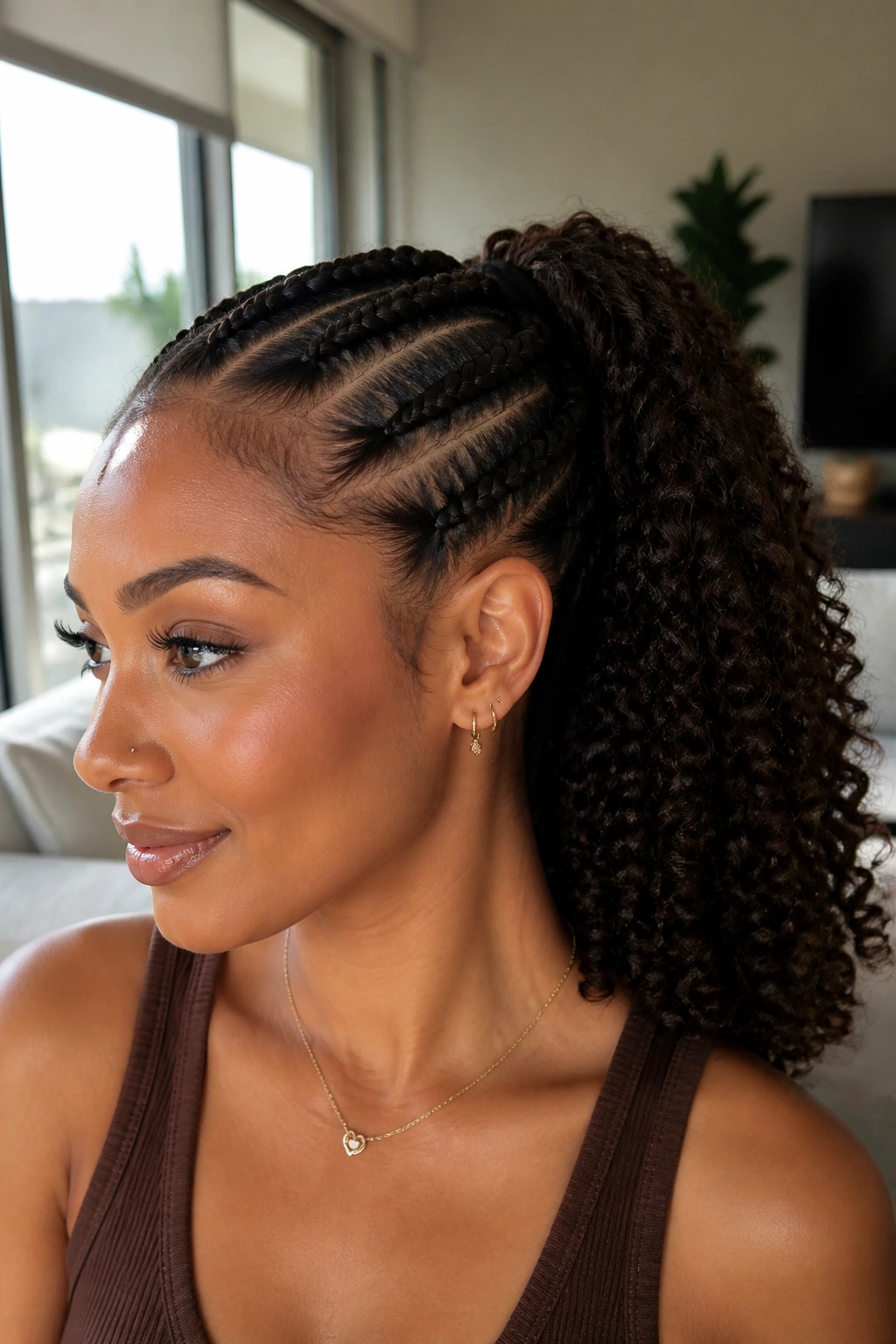 Close-up of a real woman with a front braid transitioning into a curly ponytail
