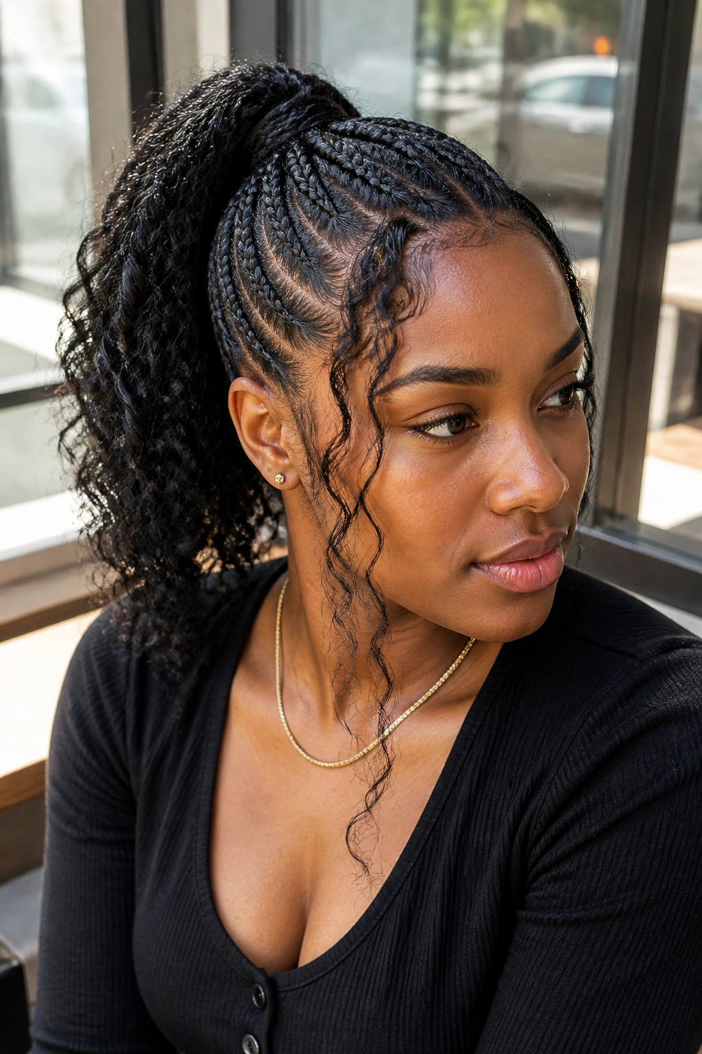Real woman wearing a braided ponytail with leave-out at the front.