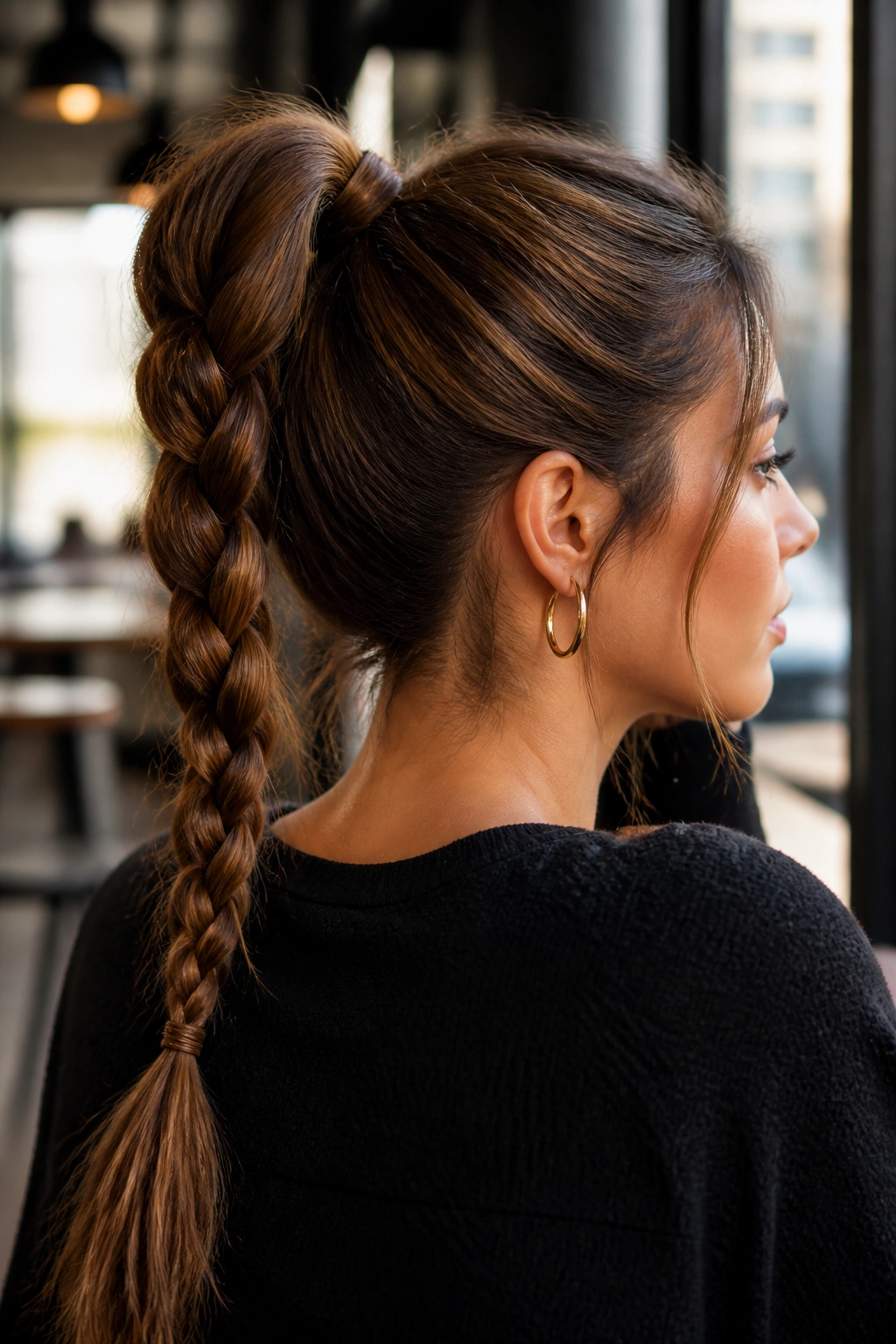 Close-up of a real person with a braided ponytail as the focal point.