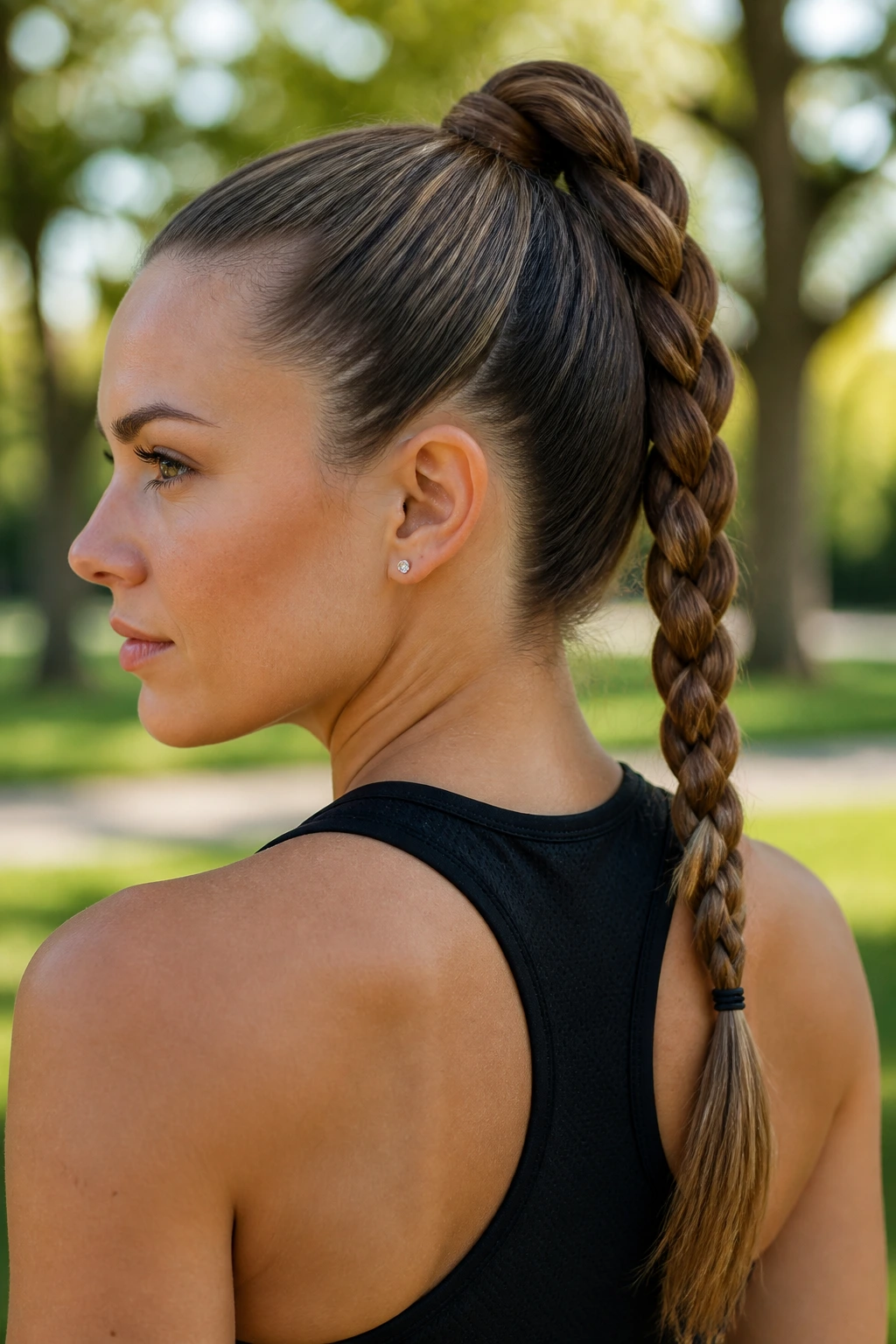 Close-up of a real woman with a high braided ponytail in an outdoor park