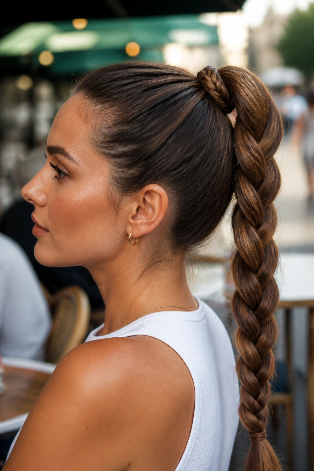 Close-up side portrait of a real woman with a high braided ponytail wrapping around the elastic.