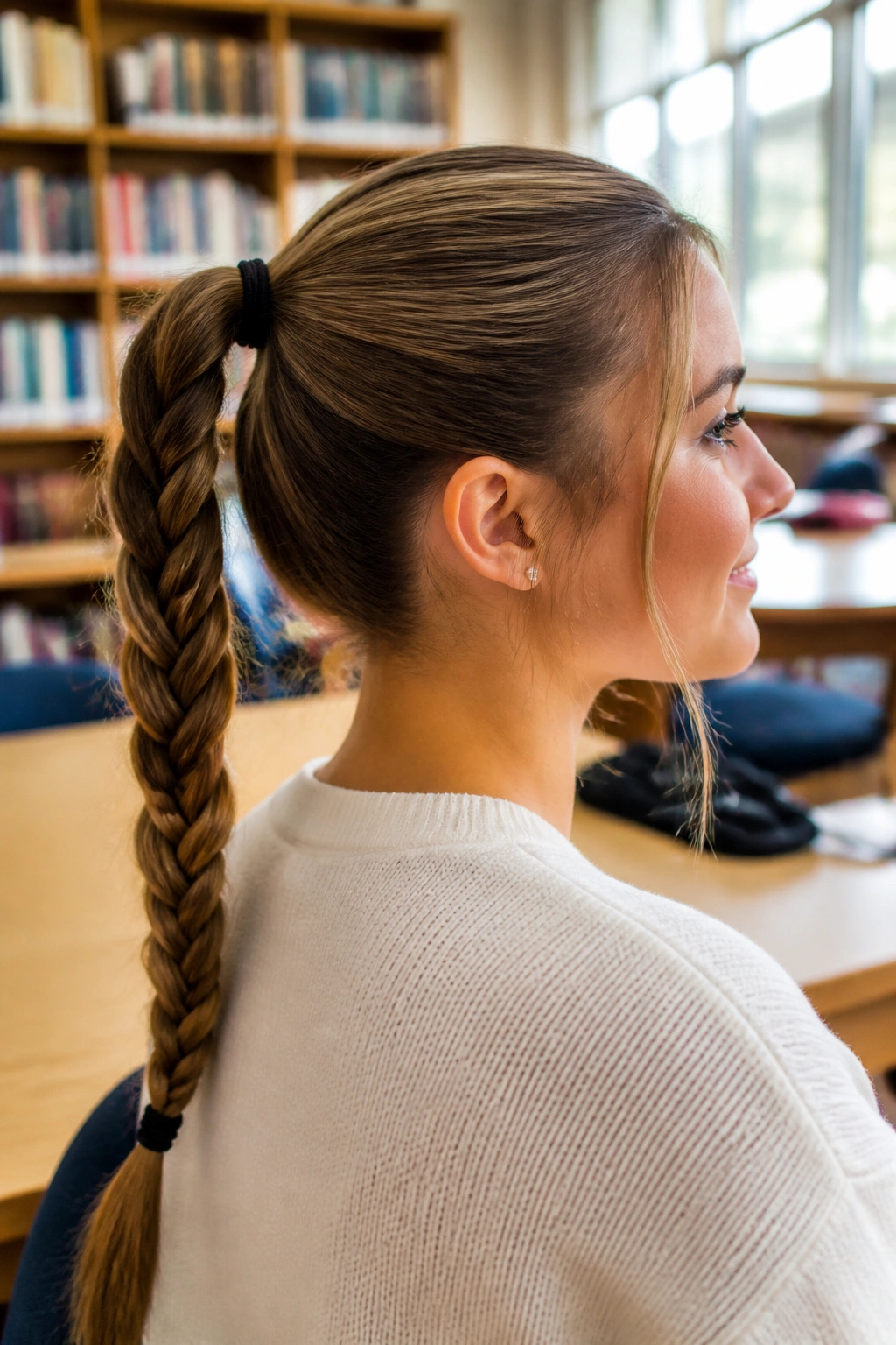 Profile view of a real woman with a braided ponytail