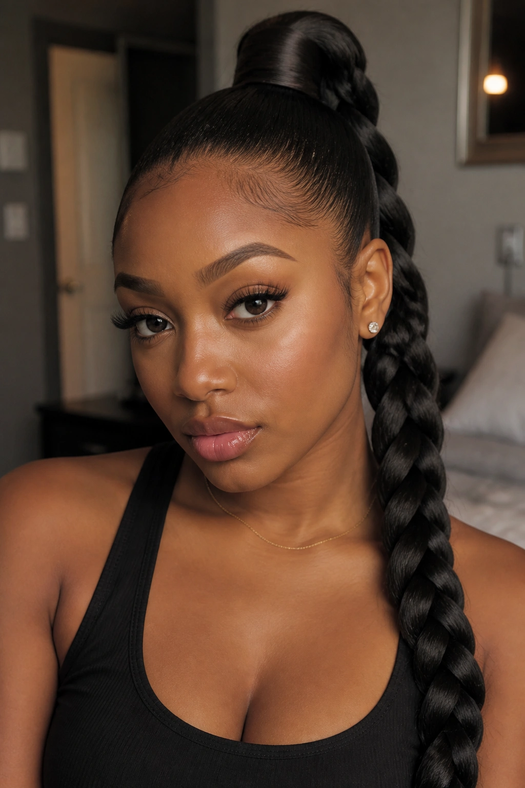 Close-up of a real person wearing a high braided ponytail with a wrapped base.