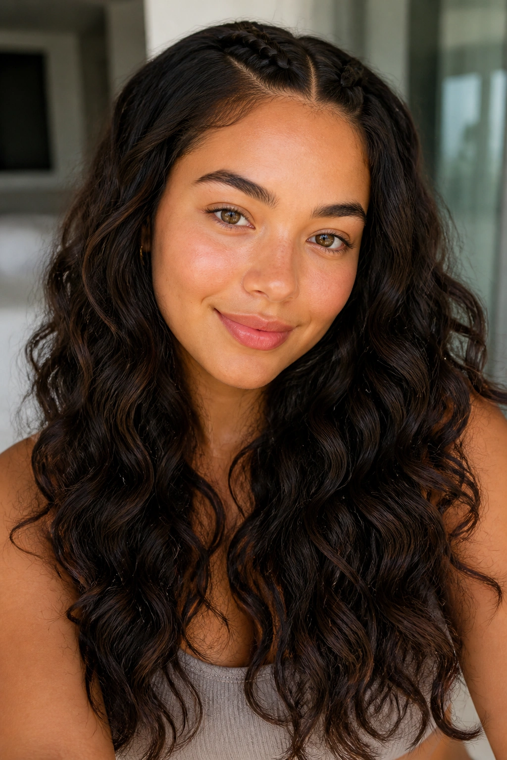 Portrait of a woman with braided roots at the front and flowing length of curls