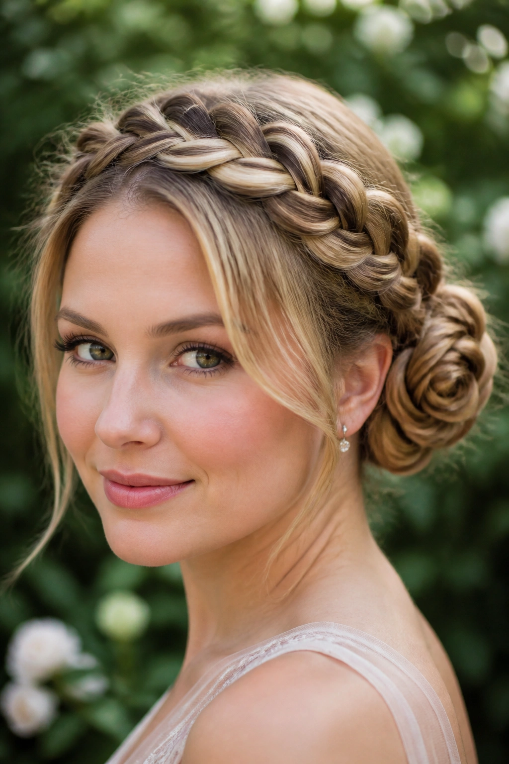 Real woman wearing a braided rose crown around the head in garden daylight