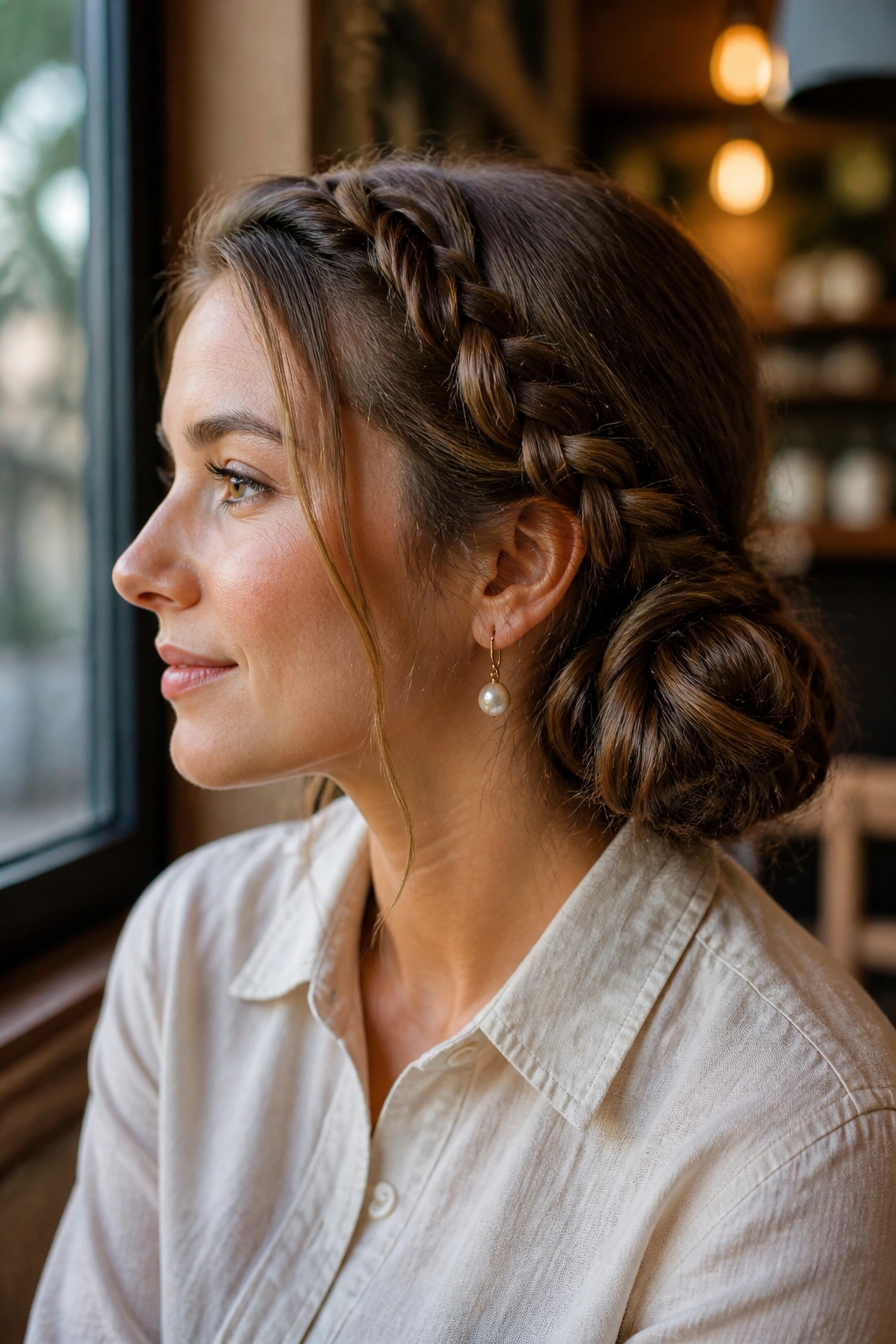 Braided side bun hairstyle on real person