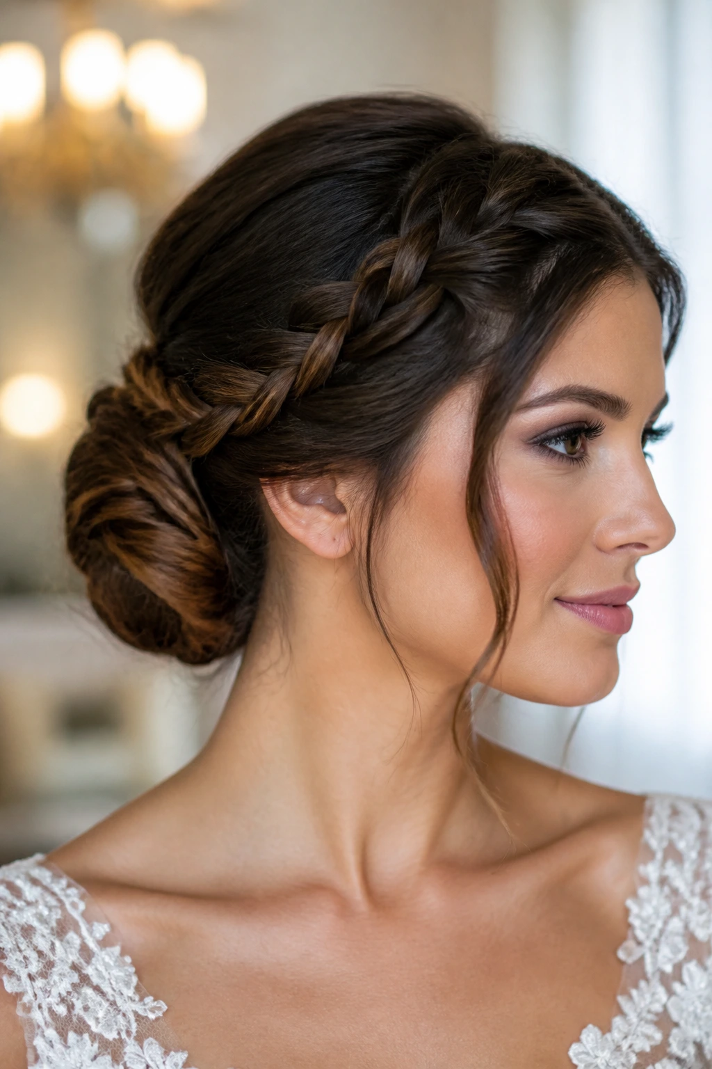 Close-up of a real woman with a braided side chignon