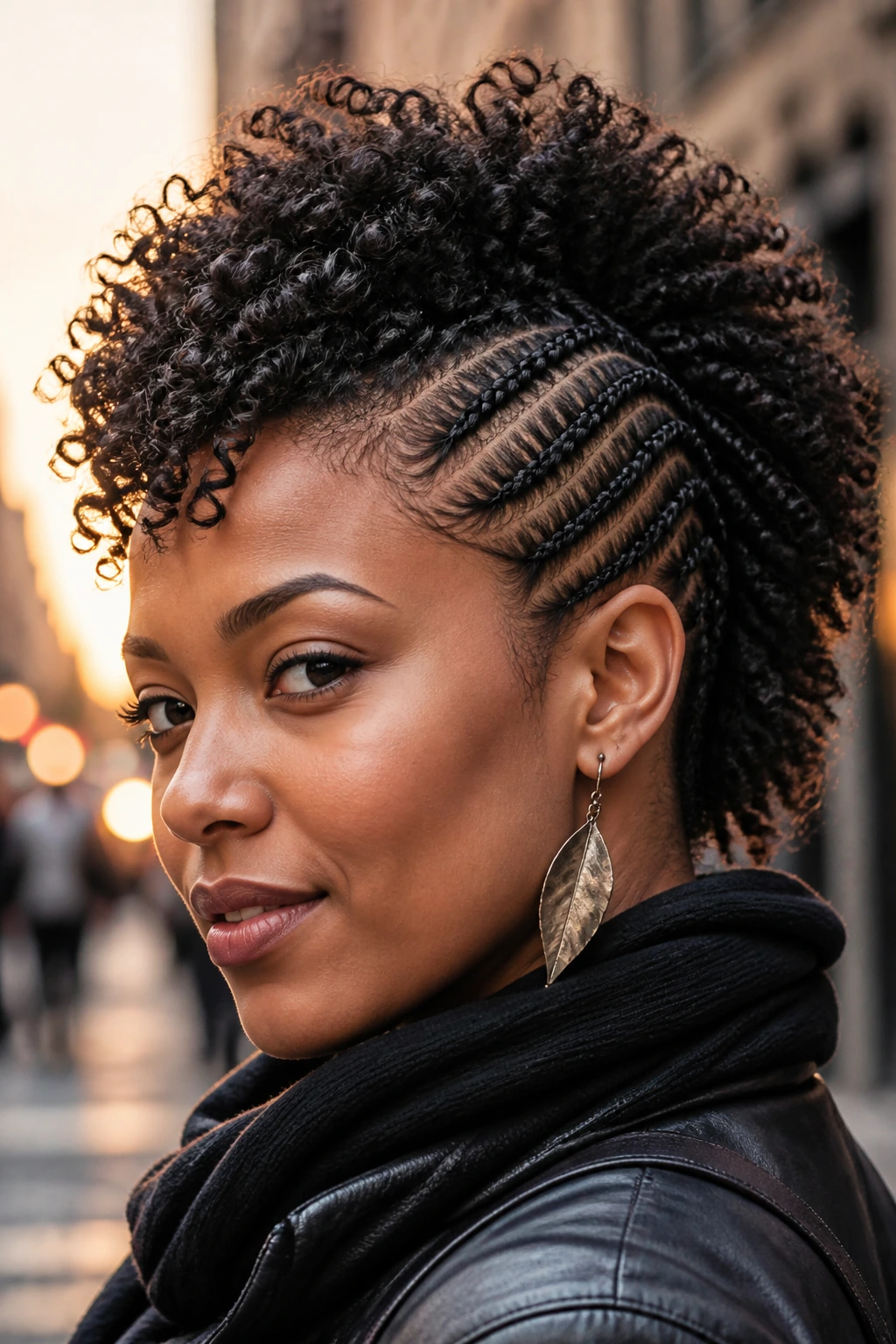 Portrait of a real person with braided side mohawk featuring cornrows.
