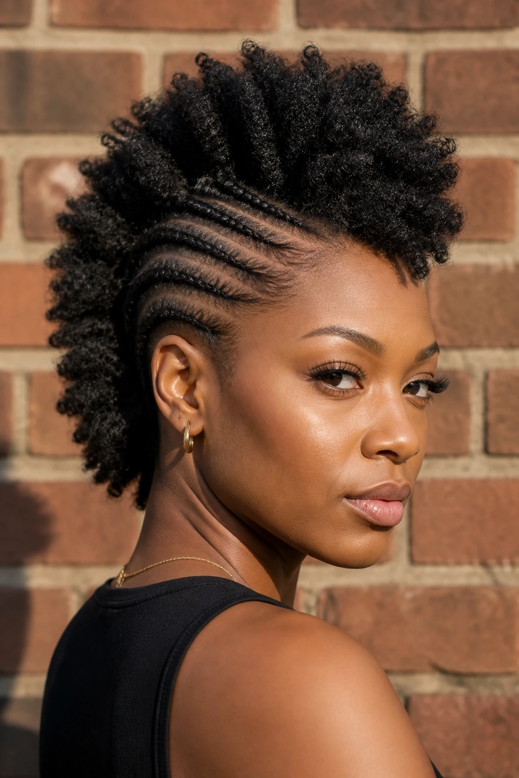 Close-up of a Black woman with braided side Mohawk cornrows