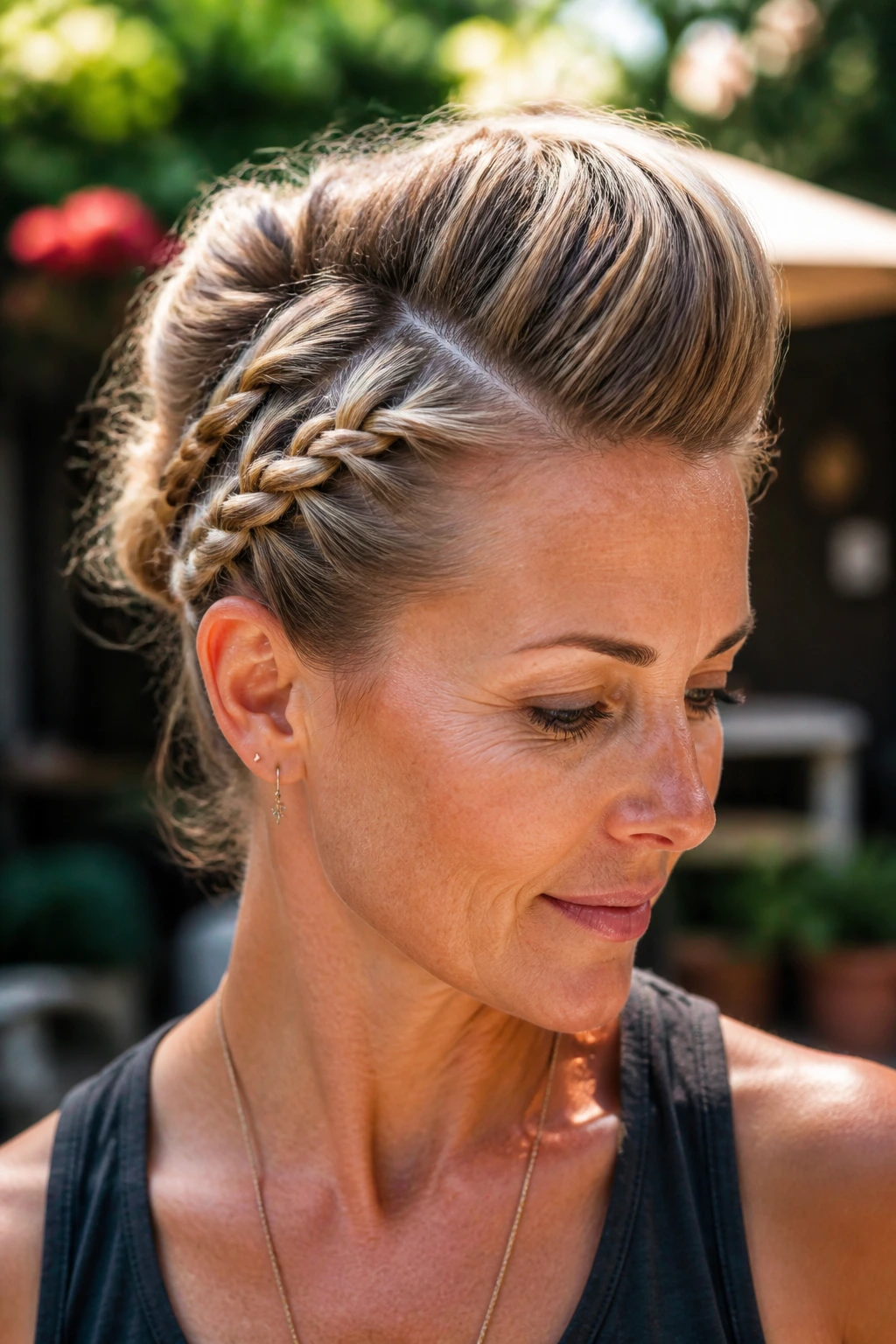 Close-up of a woman with two loose side braids pinned back at the crown.