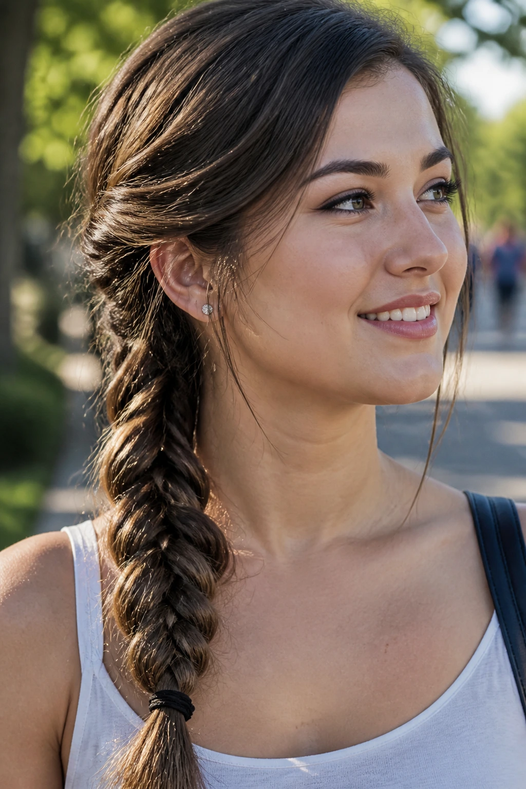 Real woman with a diagonal side braid over the shoulder in daylight