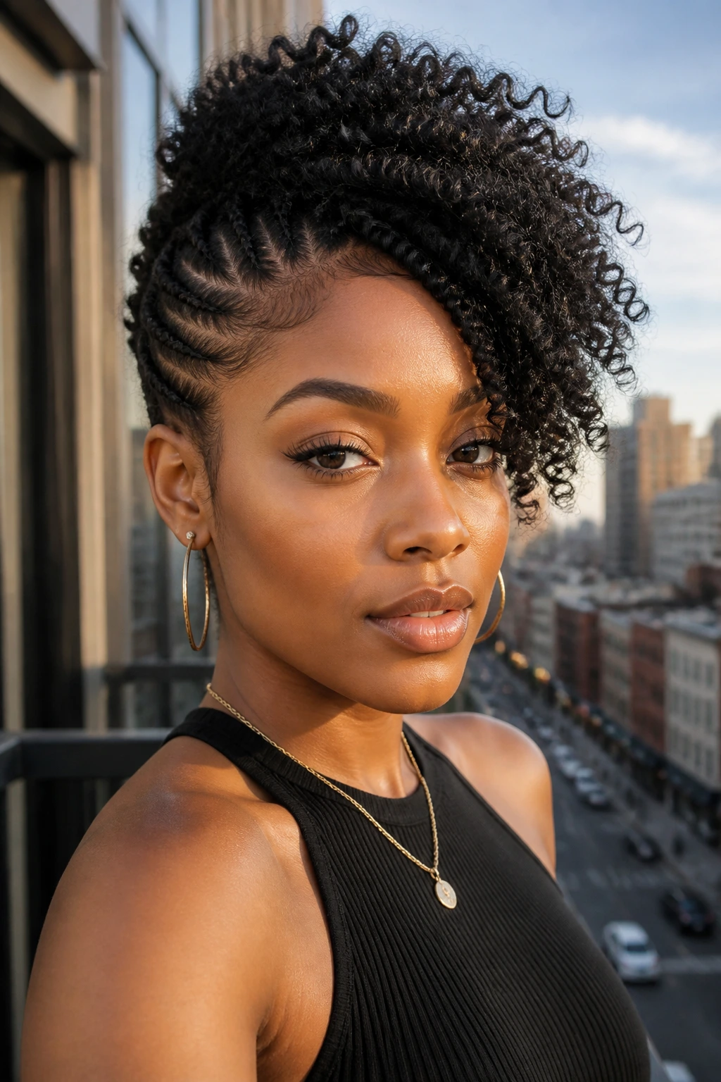 Close-up of a real woman wearing a Braided Side-Sweep frohawk with braided sides