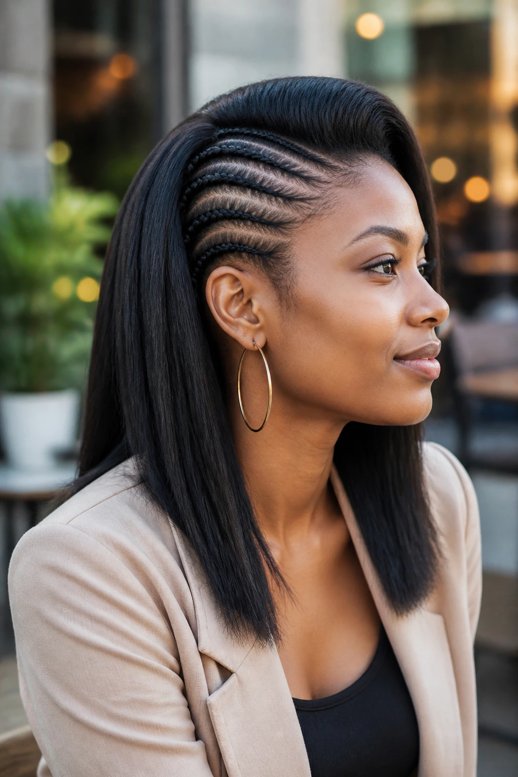 Close-up portrait of a real woman with braided sides and straight crochet extensions mohawk outdoors