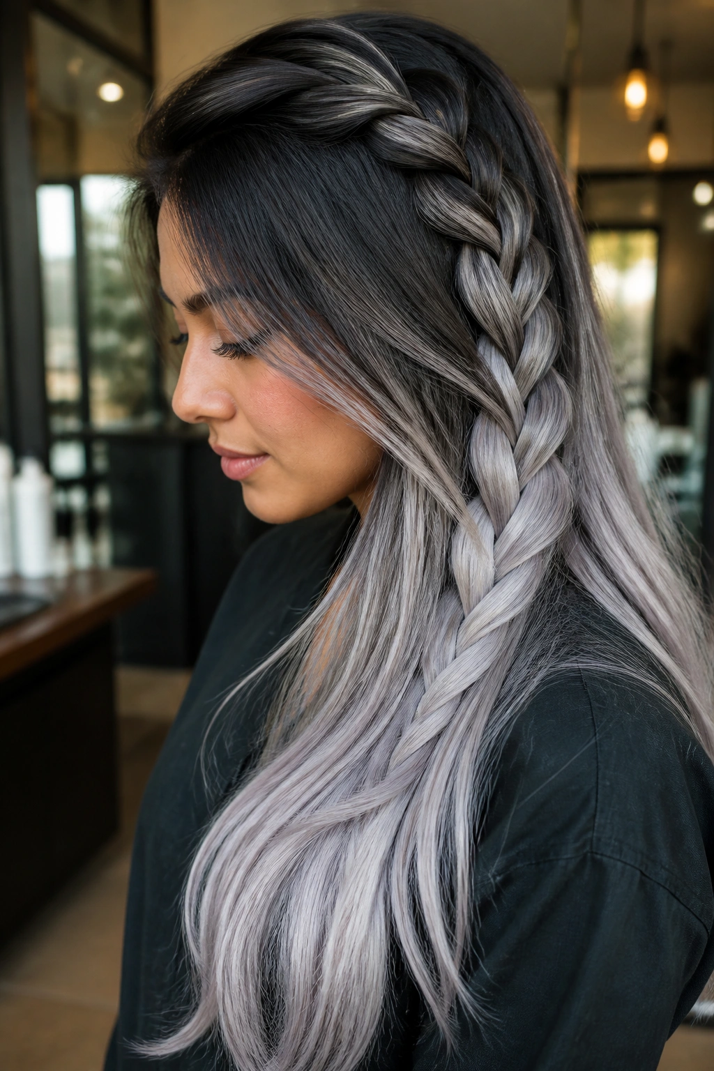 Close-up of a real woman with braided silver gradient on long hair in a warm salon setting