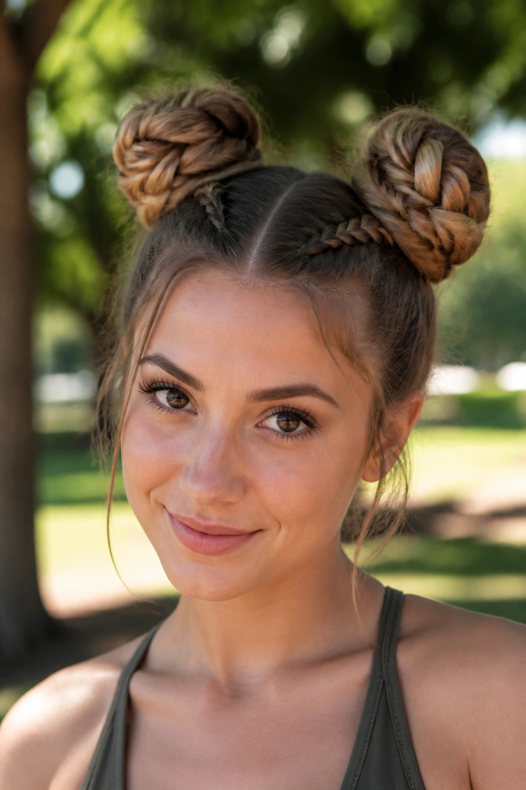 Close-up of a real woman with braided space buns outdoors