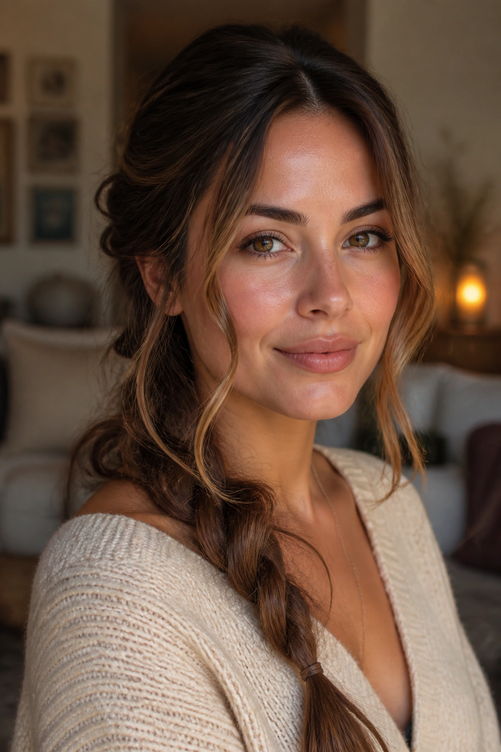Close-up of real woman with braided style and face-framing wisps