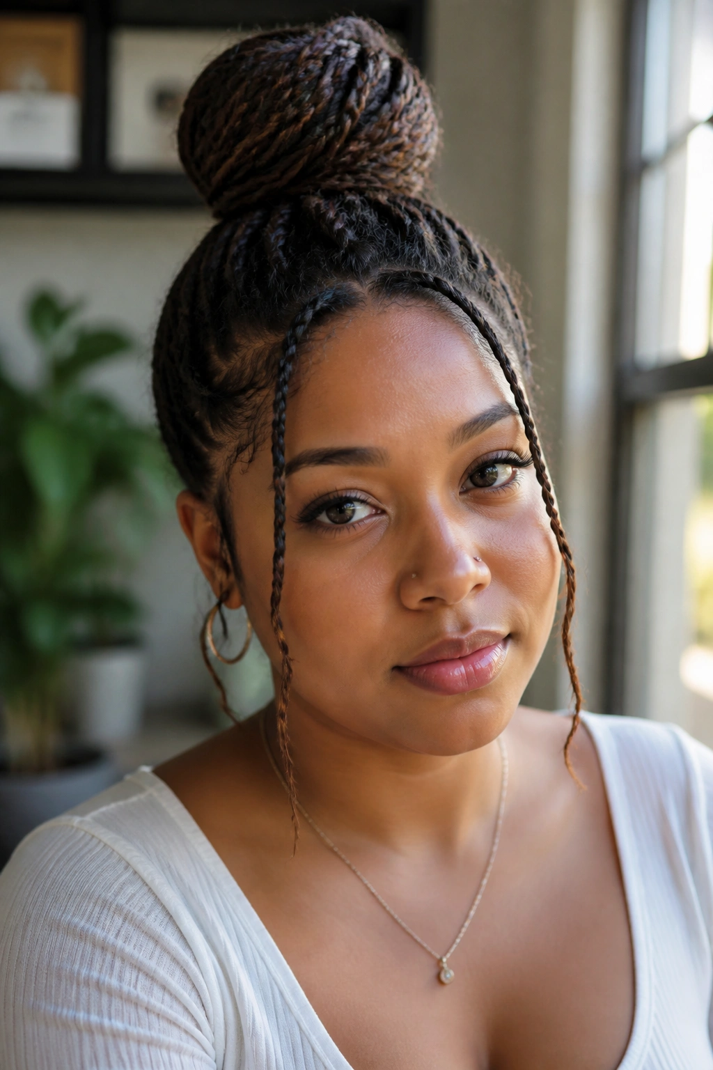 Close-up of a real woman with a high braided top knot and face-framing pieces under natural daylight