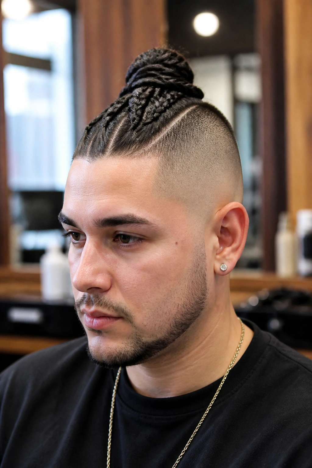 Close-up portrait of a real person with a high braided top and shaved sides.