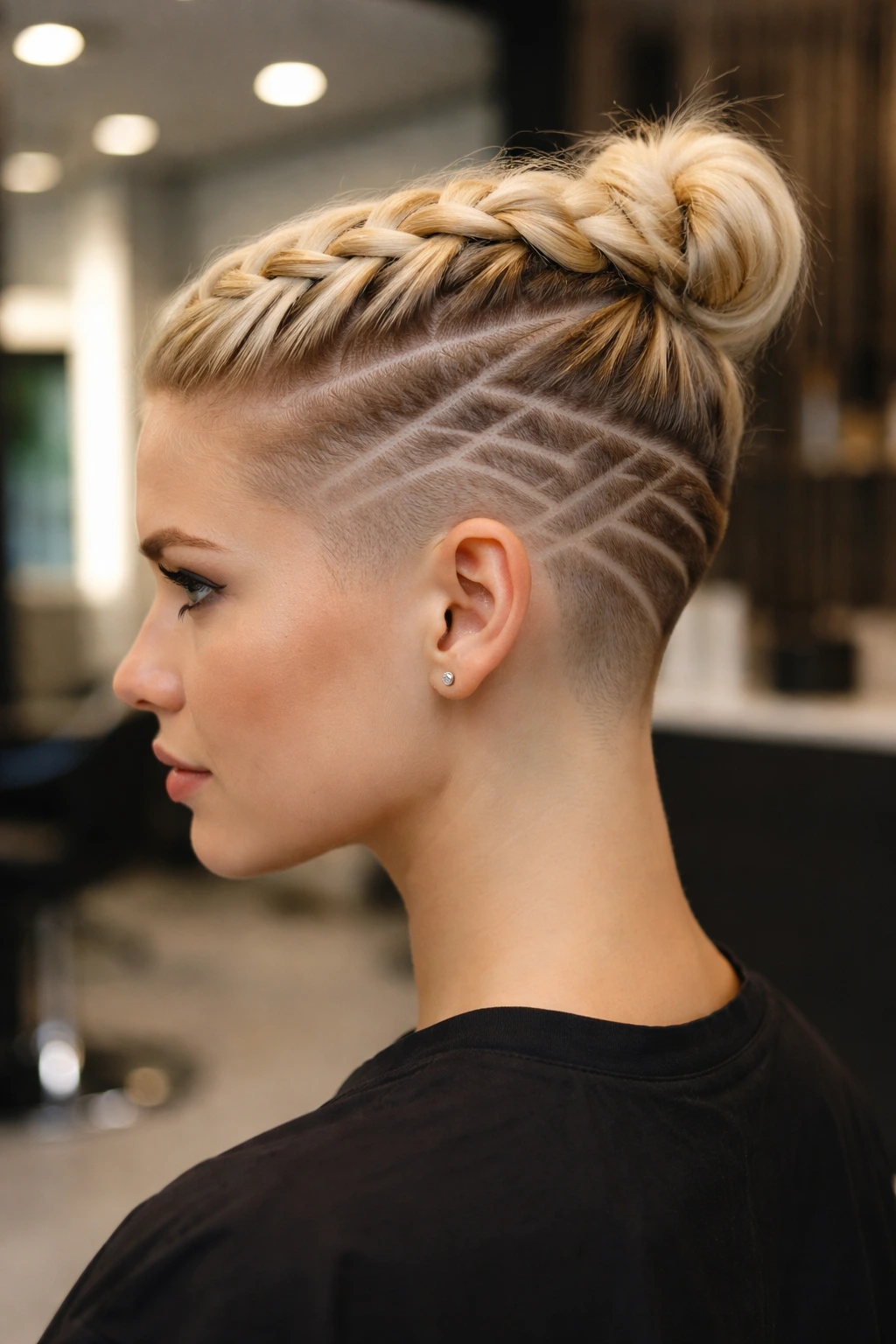 Real person with braided blonde undercut and geometric pattern shave on the side