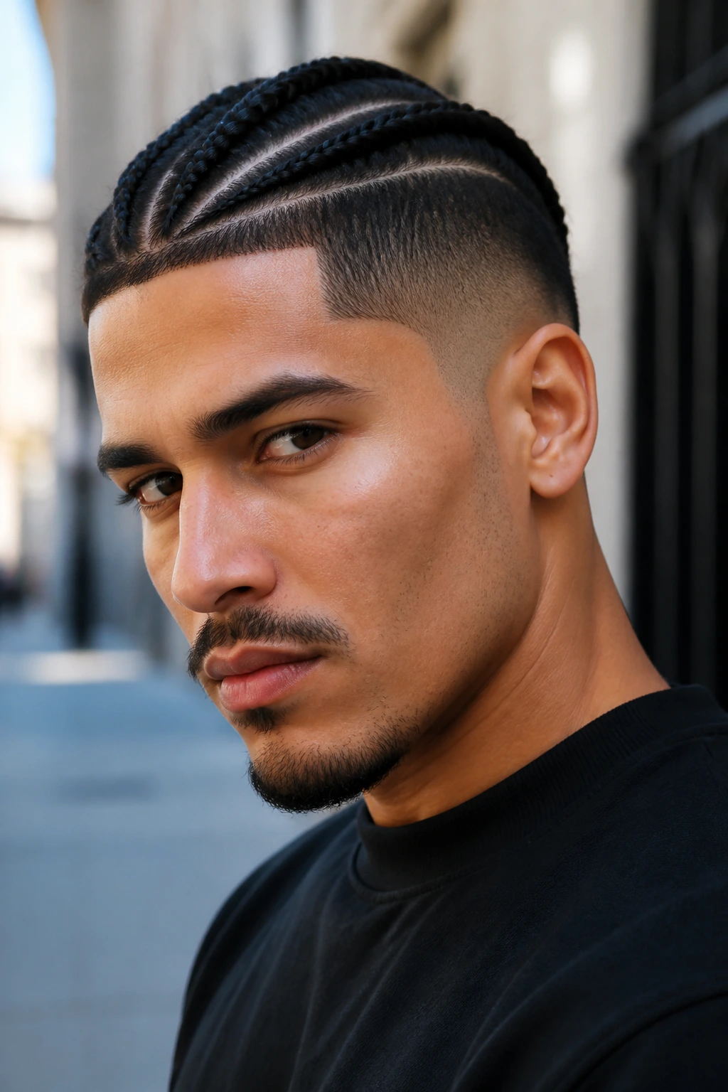 Close-up of a real person with braids on top and undercut sides, urban street background