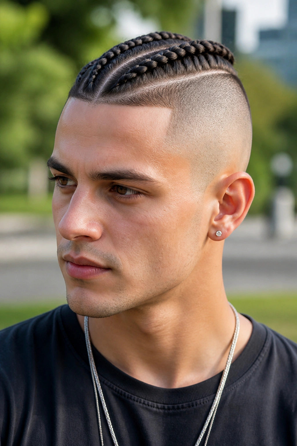Close-up portrait of a real person with braided undercut in an urban park setting.