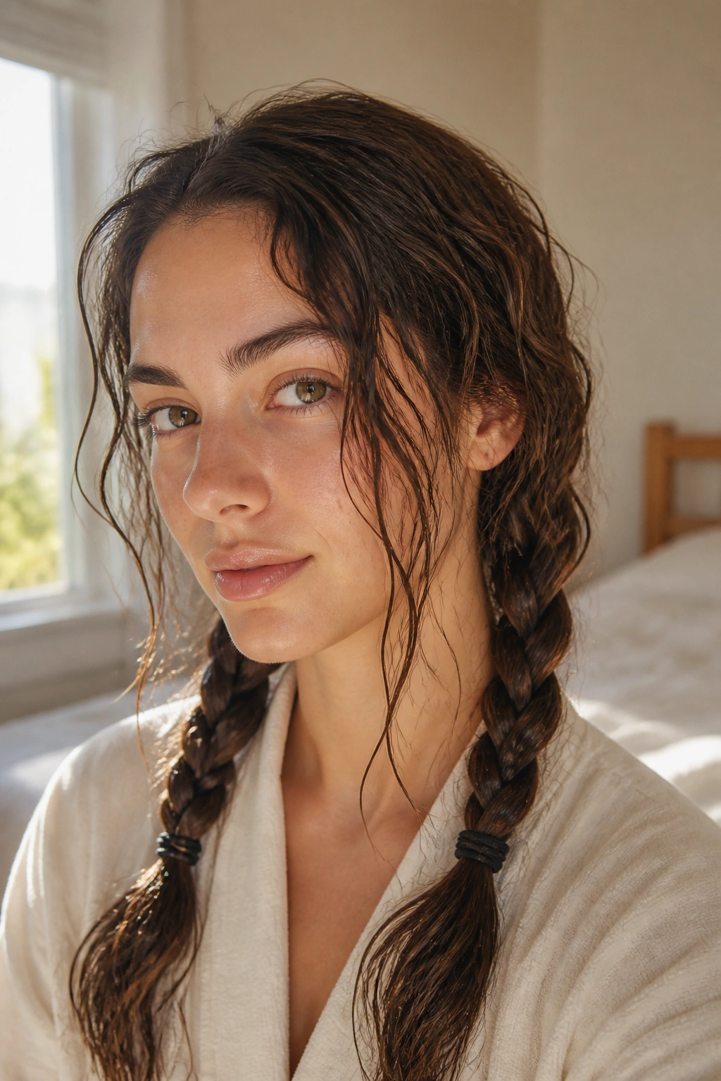 Close-up portrait of a real woman with braided overnight waves in a softly lit bedroom