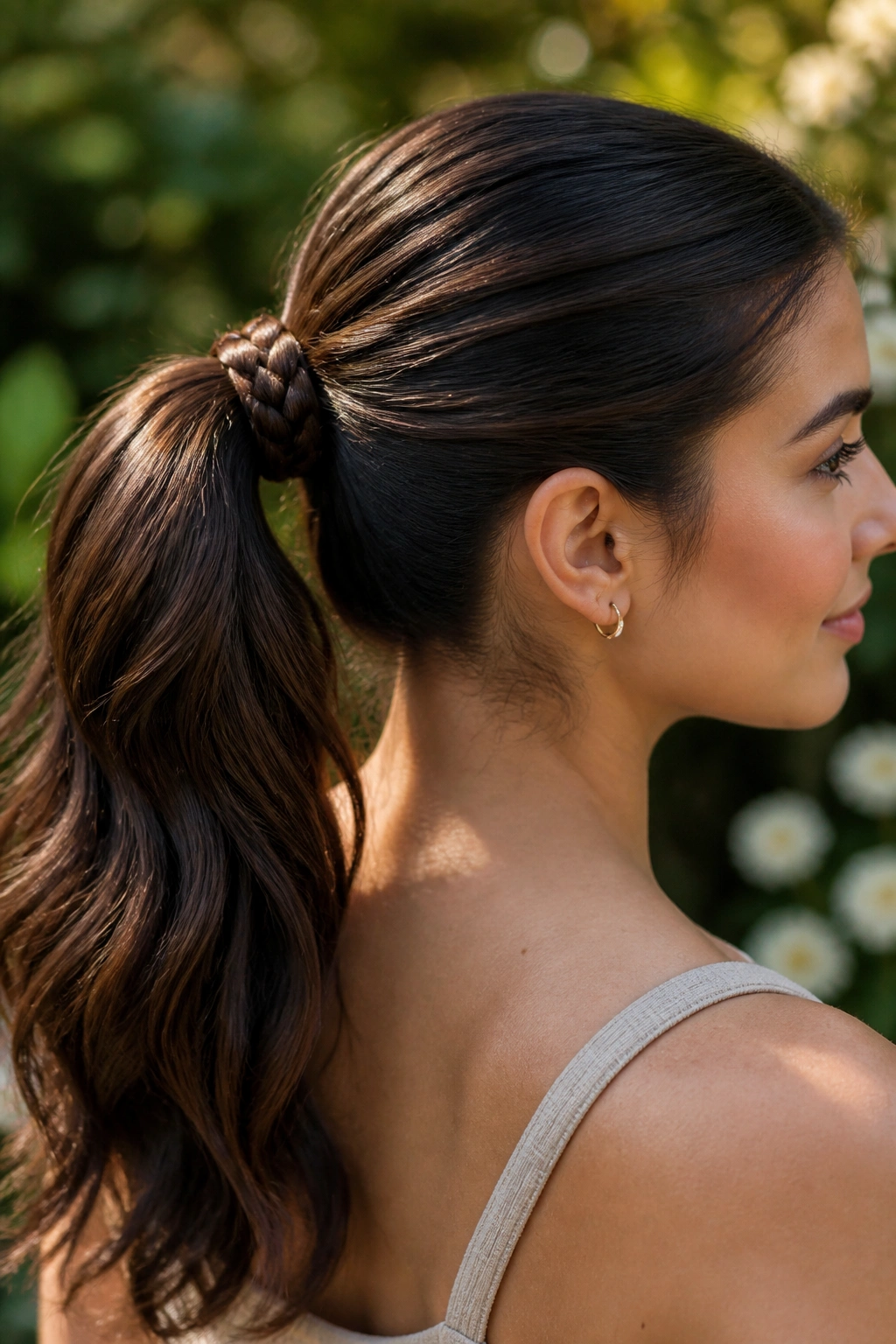 Profile of a real person with braided-wrap ponytail showing the wrap at the base