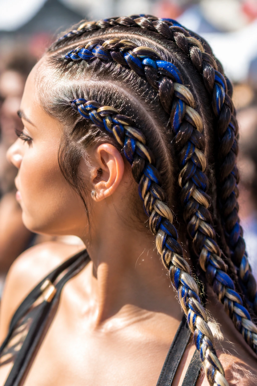 Close-up of a real person’s braids with blonde and cobalt accent strands woven through