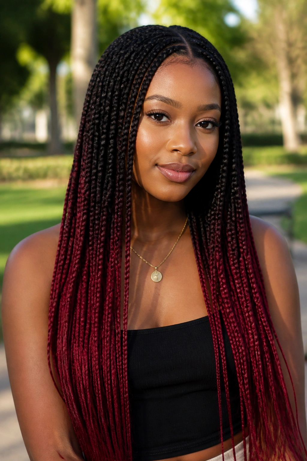Portrait of a real woman with black-to-cherry braids and ombre ends