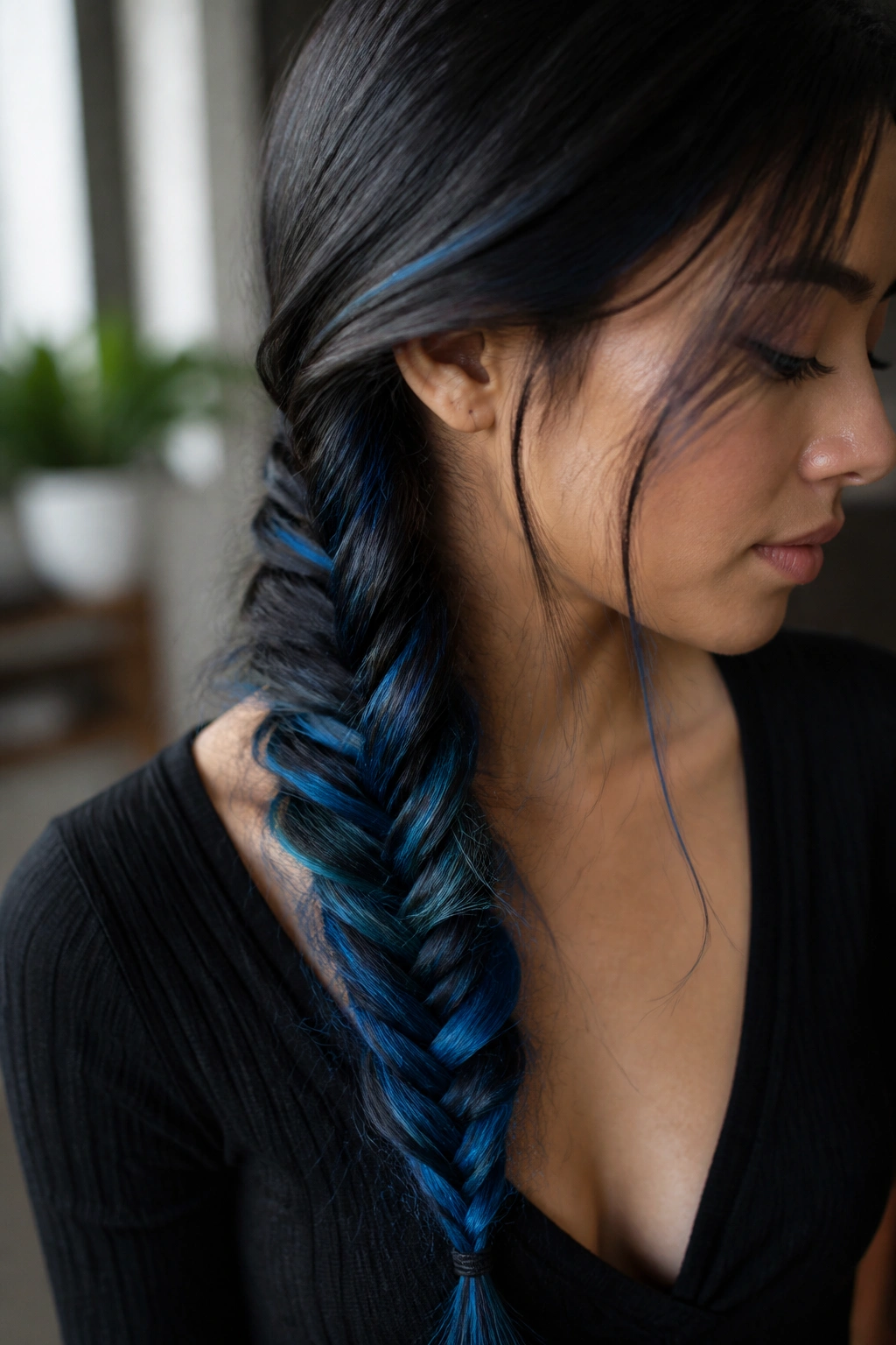 Close-up of long hair braided with blue streaks in a fishtail braid.