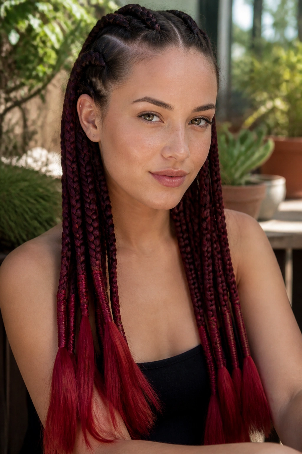 Close-up portrait of a real woman with cherry red ombre in braids and wrapped ends
