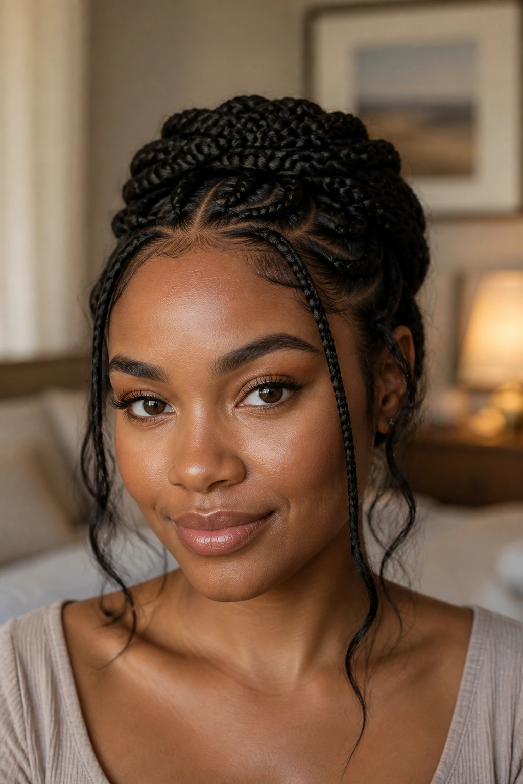 Close-up portrait of a real woman wearing a braided crown with loose front pieces