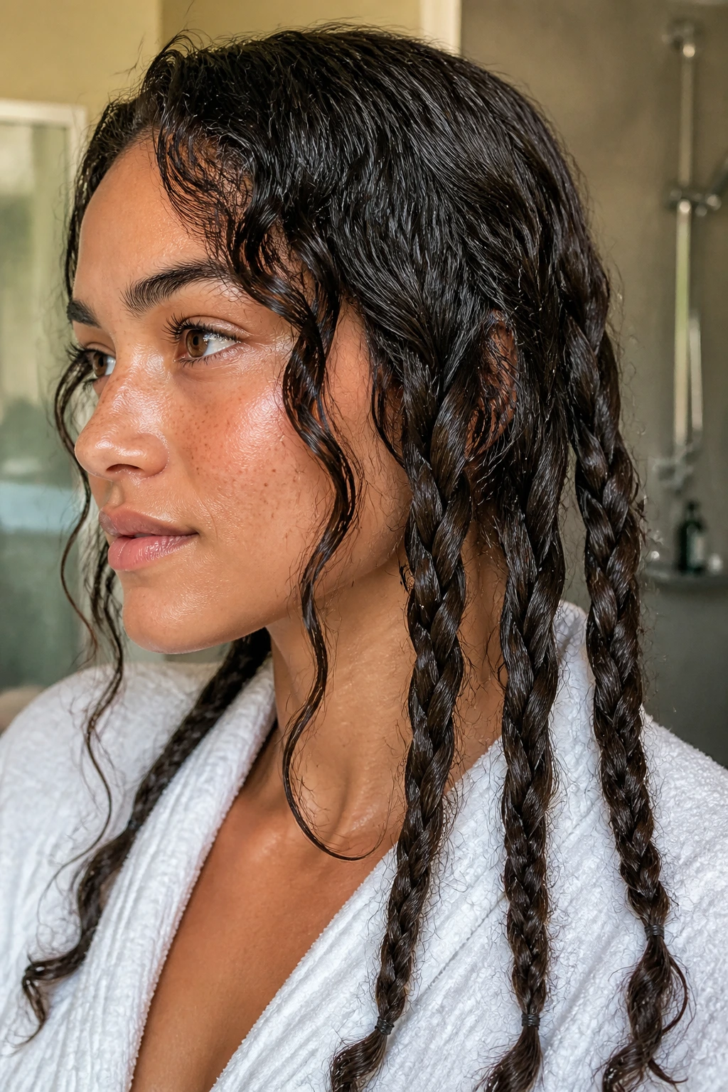 Portrait of four loose damp braids creating soft S-bends on a real person with natural light