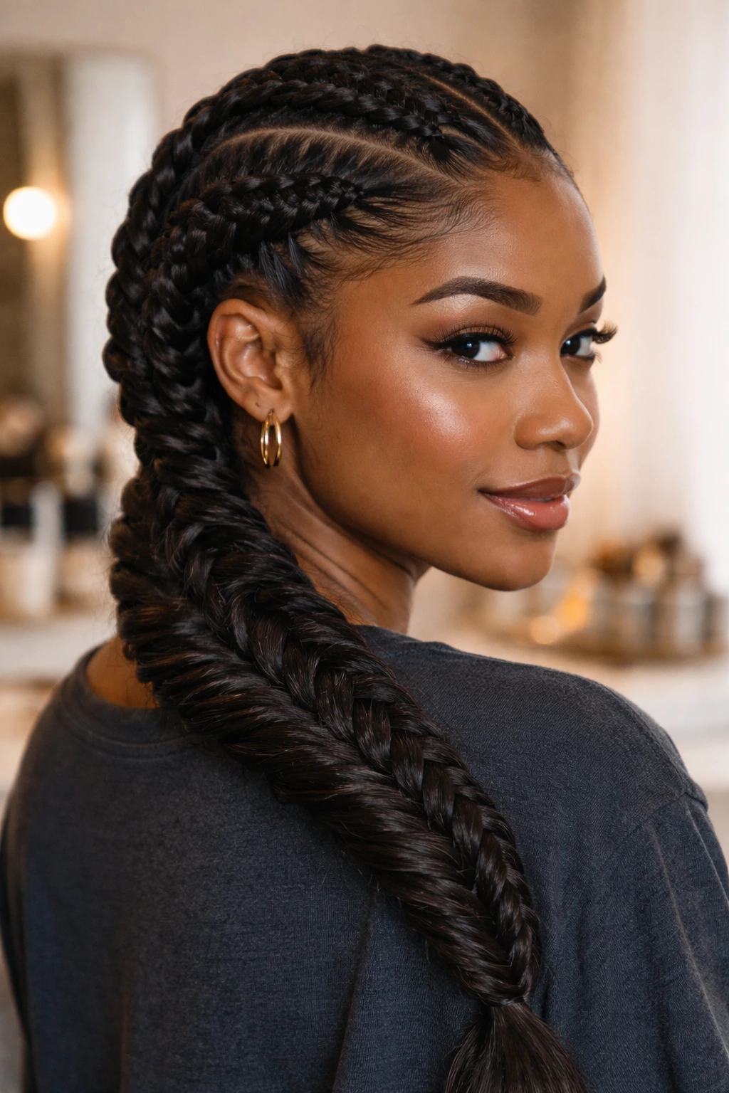 Real woman with multiple braids showing Dutch and fishtail styles in soft light