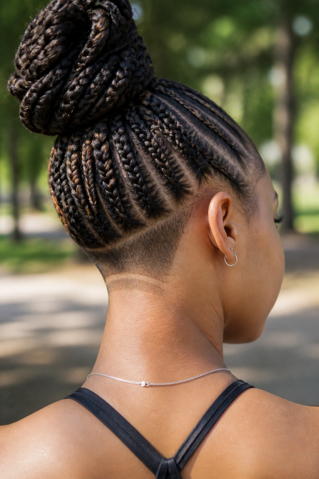 Real person with braids up, showing shaved nape under the braids