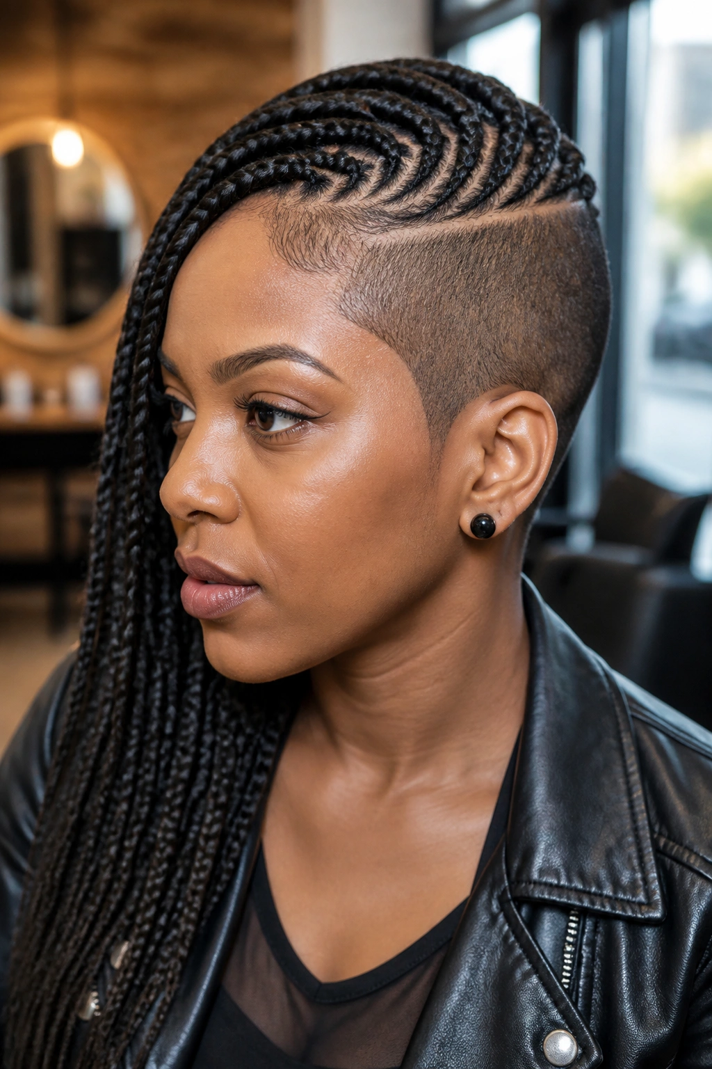 Close-up portrait of person with sculpted shaved side and crisp braids framing the face