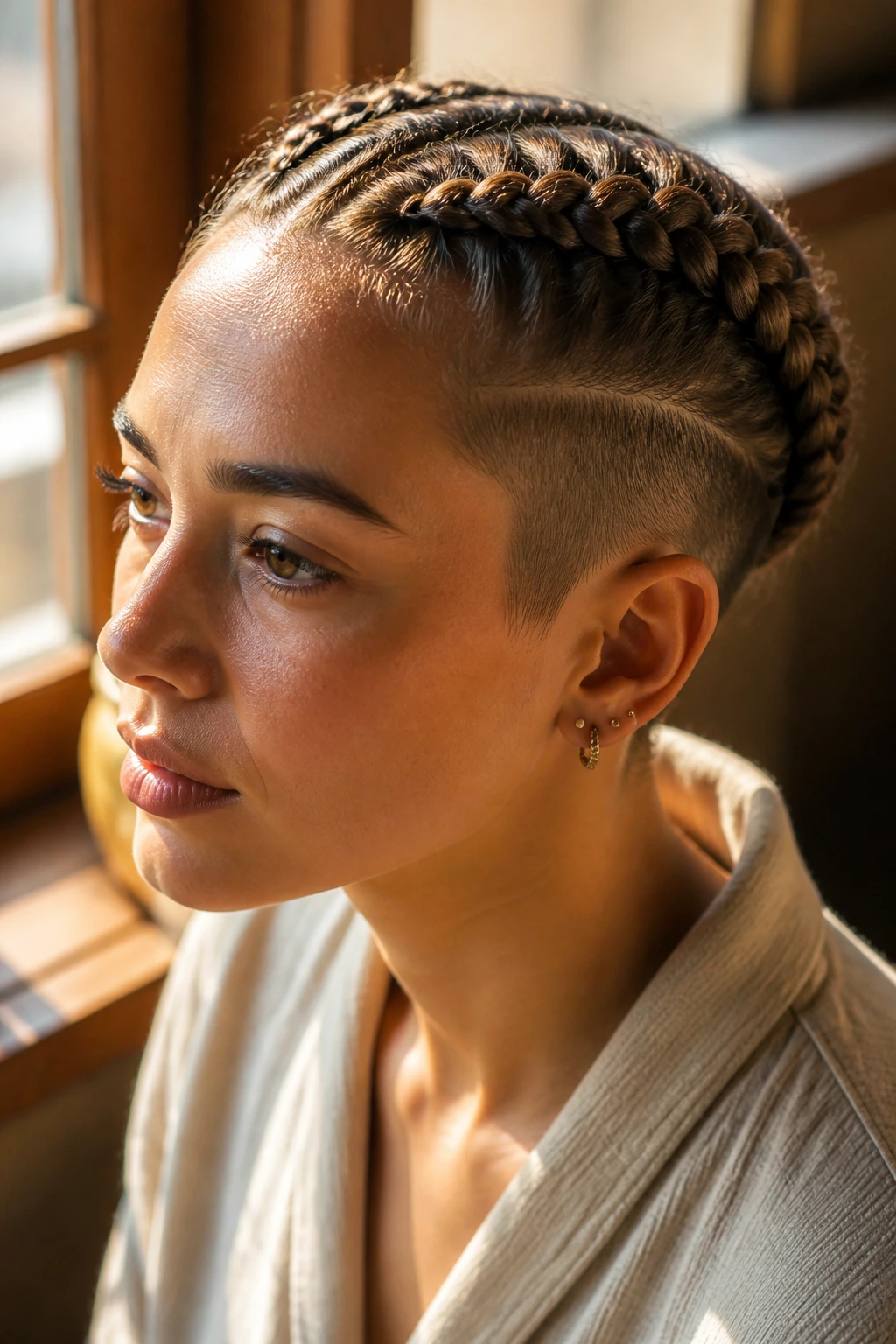 Close-up of a real person with shaved sides and back braids in a contemplative pose