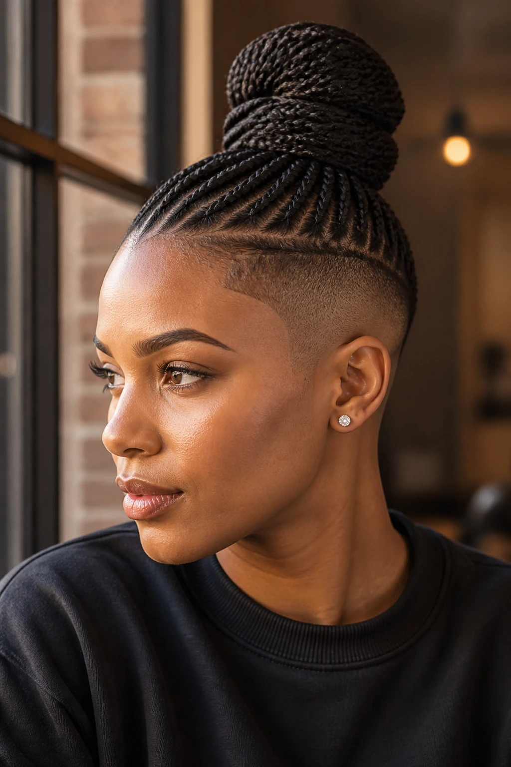 Close-up of a real person with a braided top knot and shaved sides