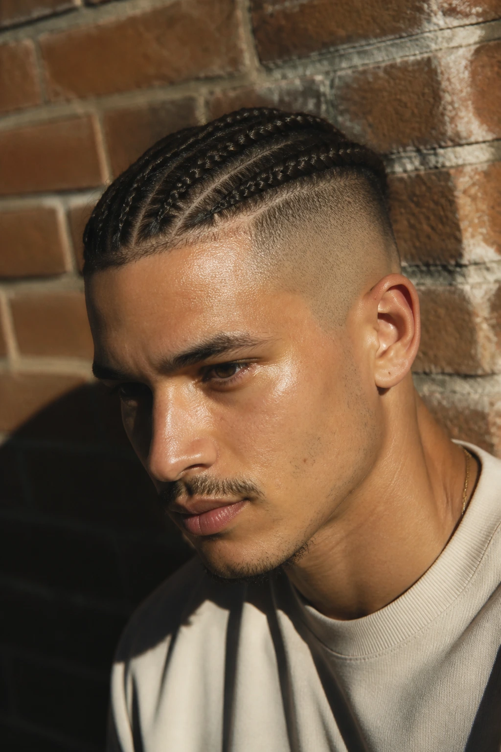 Close-up of a real man with braided top and undercut sides in urban setting.