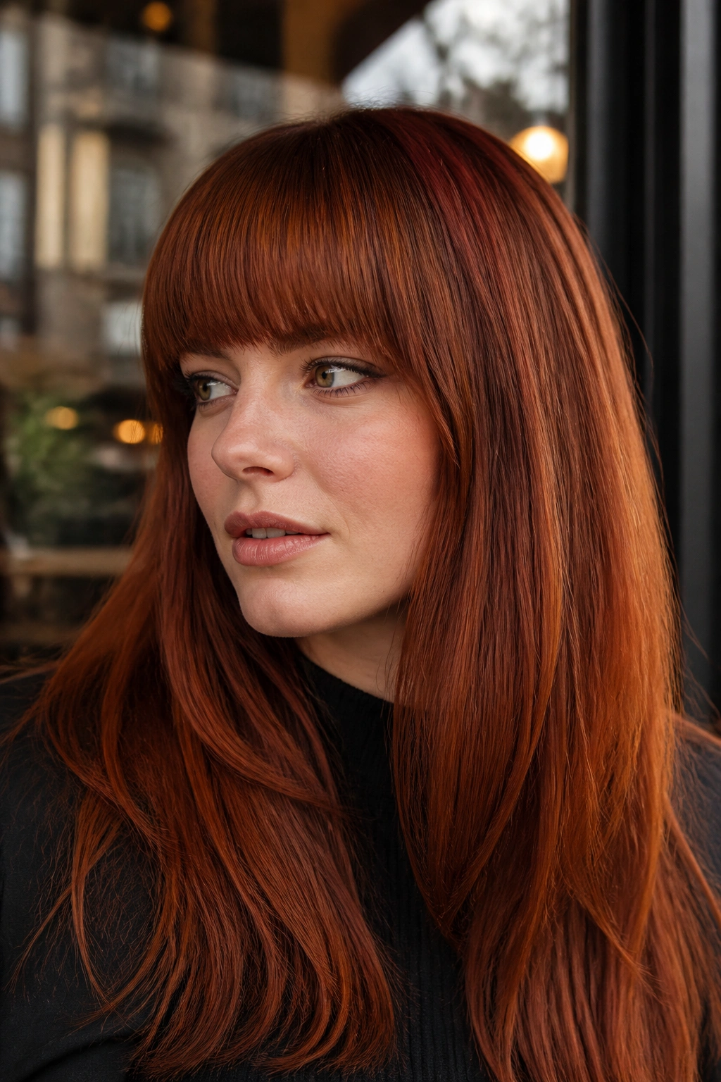 Close-up portrait of a real person with brick copper hair and blunt bangs in daylight