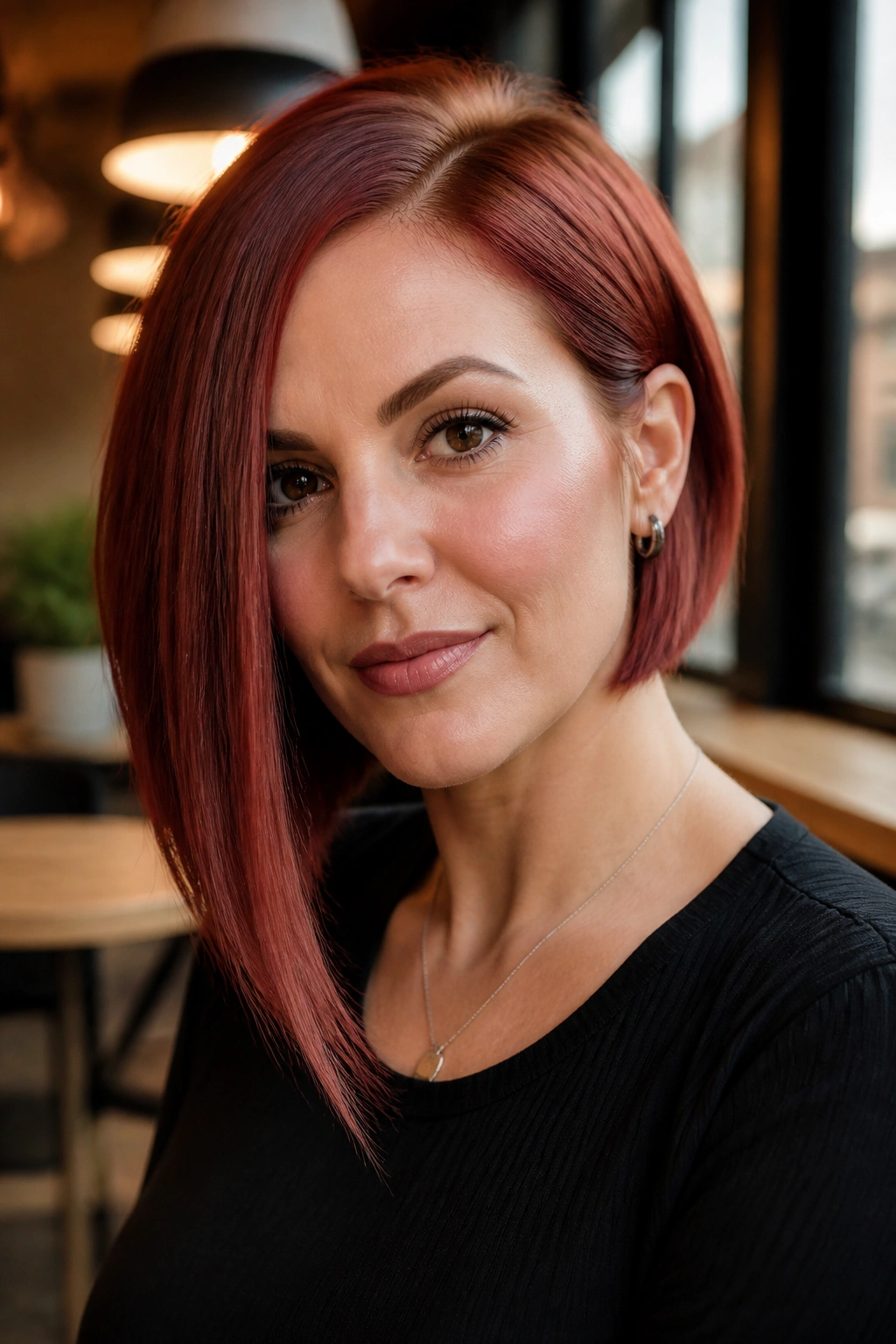 Real woman with brick red asymmetrical bob and off-center part.