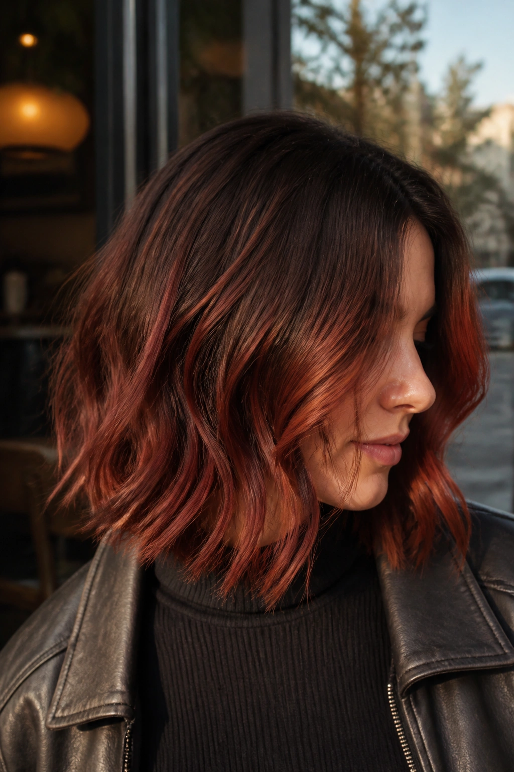 Close-up of brunette with brick red balayage midlength sweep in cafe window light