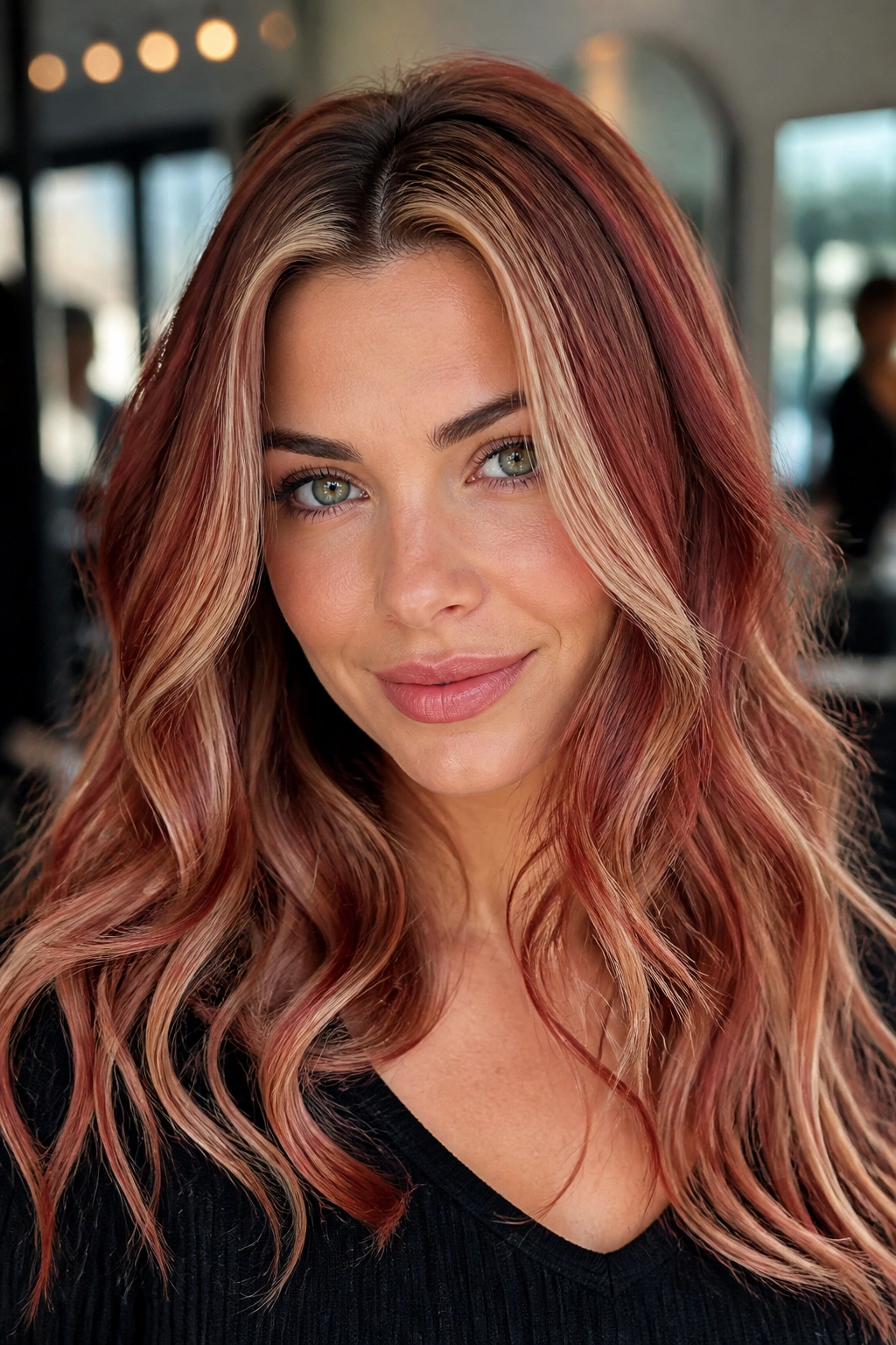 Close-up of brick red balayage on blonde hair with soft regrowth at the roots on a real person
