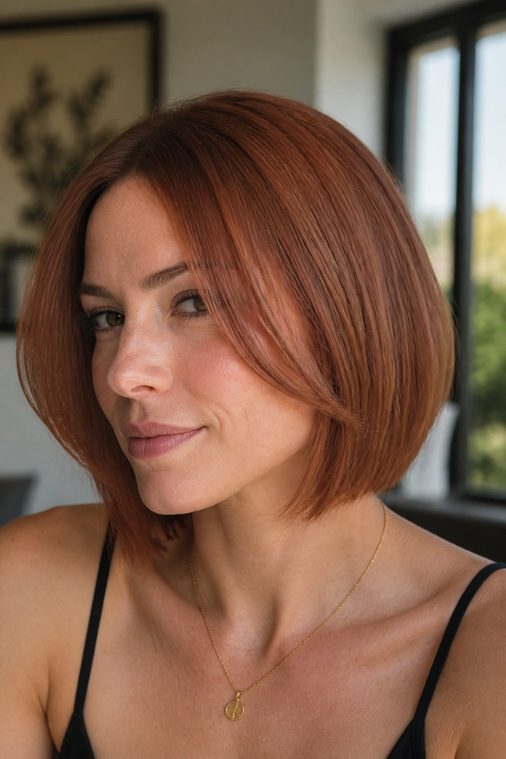 Close-up portrait of a real woman with a soft brick-red bob and face-framing pieces in a bright indoor setting