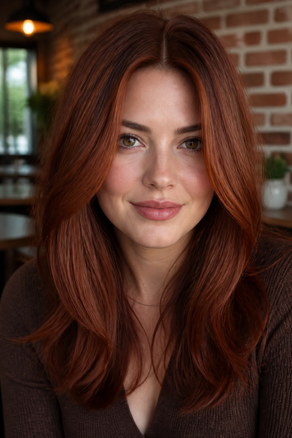 Close-up portrait of a real woman with brick red hair and a center part.